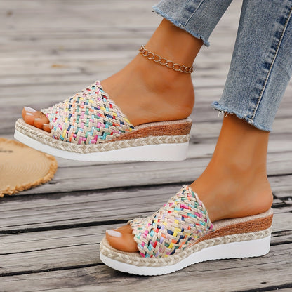 Damen Plateau Slipper Gewebter Riemen Boho Stil Beige