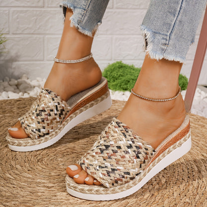 Damen Plateau Slipper Gewebter Riemen Boho Stil Beige