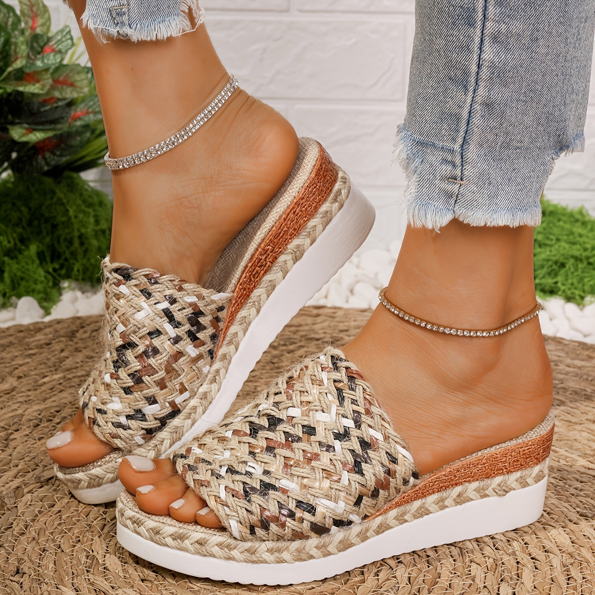 Damen Plateau Slipper Gewebter Riemen Boho Stil Beige