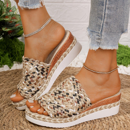 Damen Plateau Slipper Gewebter Riemen Boho Stil Beige