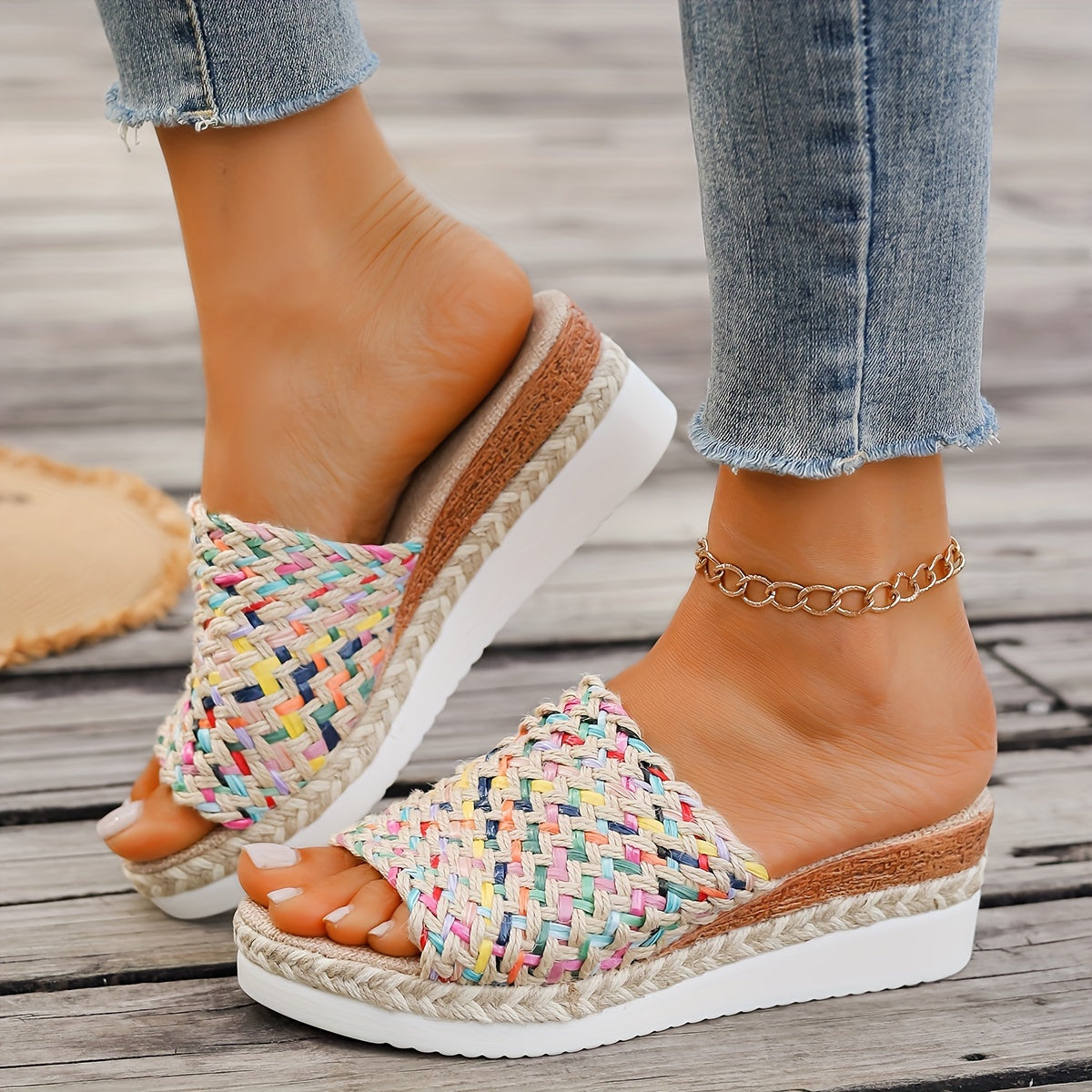 Damen Plateau Slipper Gewebter Riemen Boho Stil Beige - Norvielle