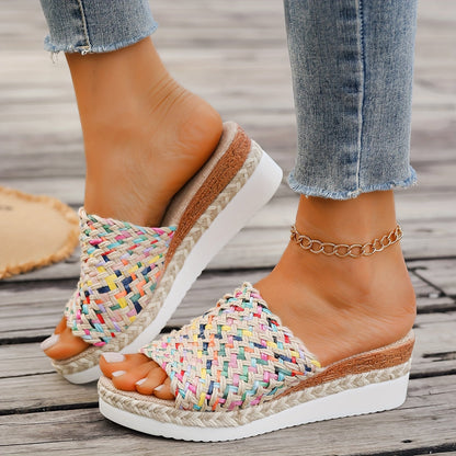 Damen Plateau Slipper Gewebter Riemen Boho Stil Beige - Norvielle