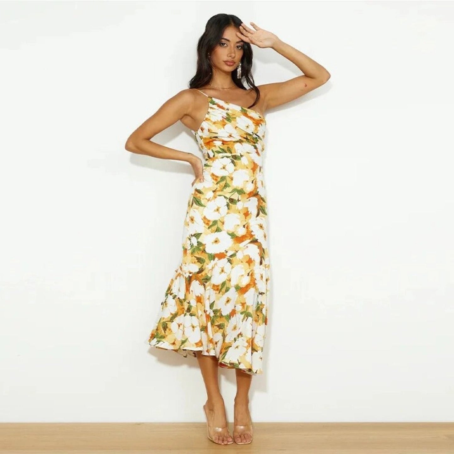 Damen Maxikleid Asymmetrisch Blumenmuster Sommerkleid