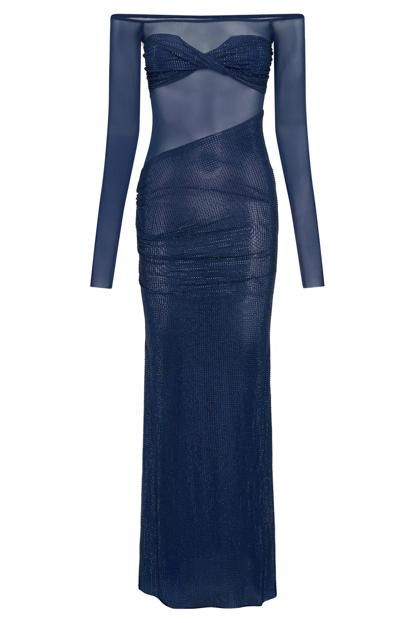 Damen Off-Shoulder Maxikleid mit Rhinestones und Mesh-Oberteil