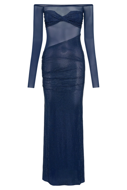 Damen Off-Shoulder Maxikleid mit Rhinestones und Mesh-Oberteil