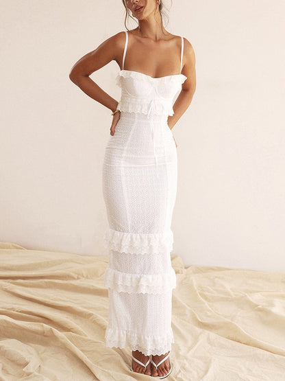 Weißes Spitzenkleid Damen Rüschen Eleganz