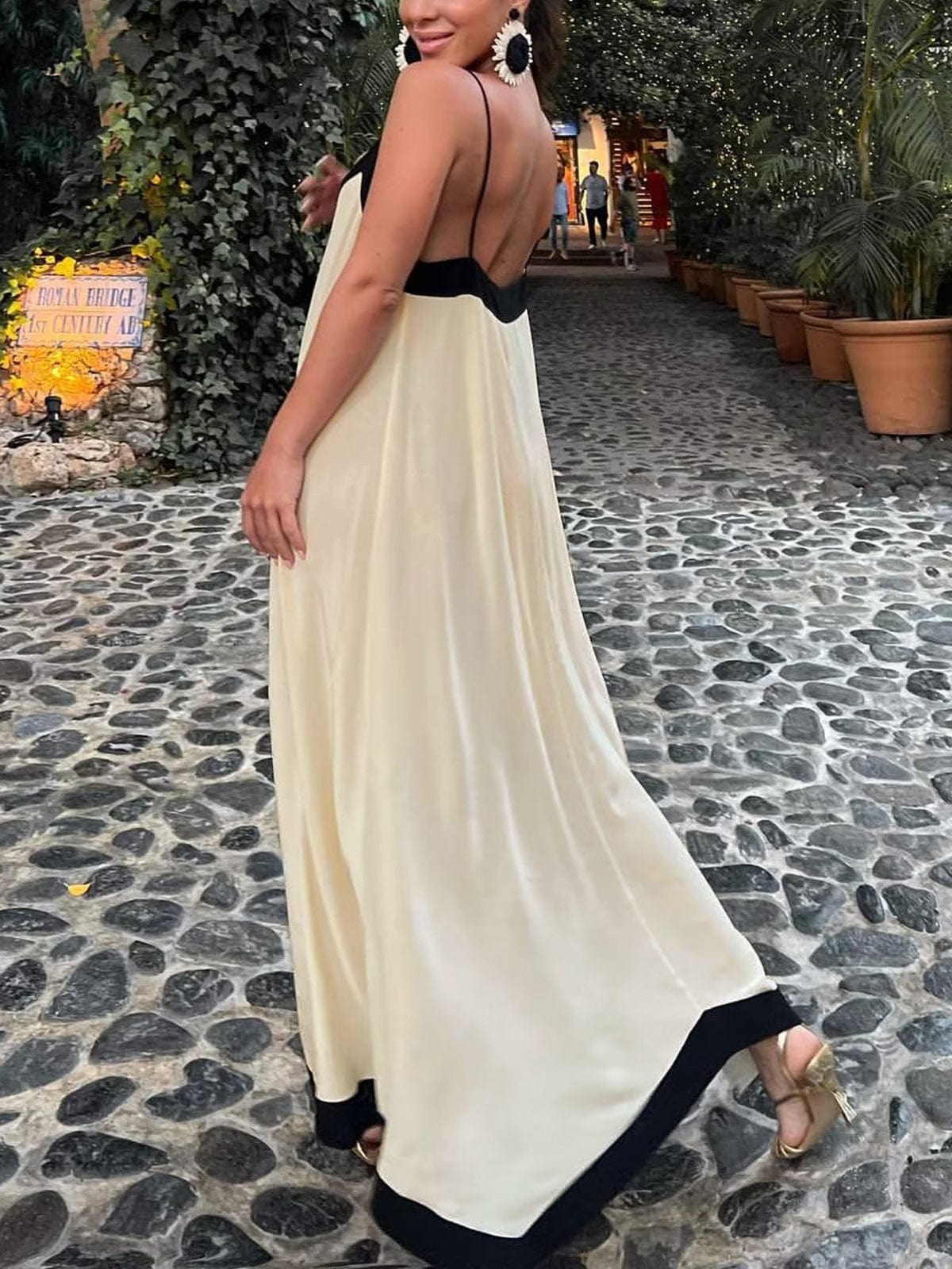 Damen Maxi-Kleid V-Ausschnitt Fließend Kontrastdetails