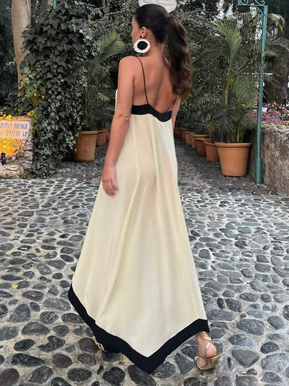 Damen Maxi-Kleid V-Ausschnitt Fließend Kontrastdetails