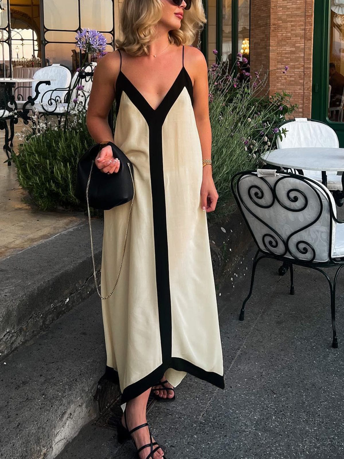 Damen Maxi-Kleid V-Ausschnitt Fließend Kontrastdetails