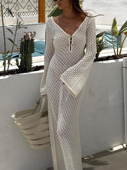 Damen Häkel-Maxikleid V-Ausschnitt Glockenärmel Boho-Stil Sommer