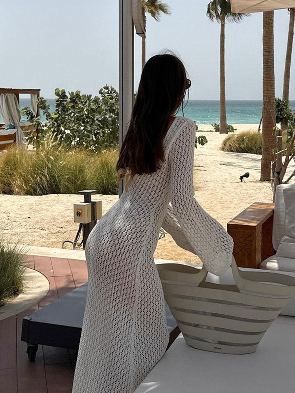 Greta Damen Maxikleid V-Ausschnitt Gehäkelt Glockenärmel Boho Sommer