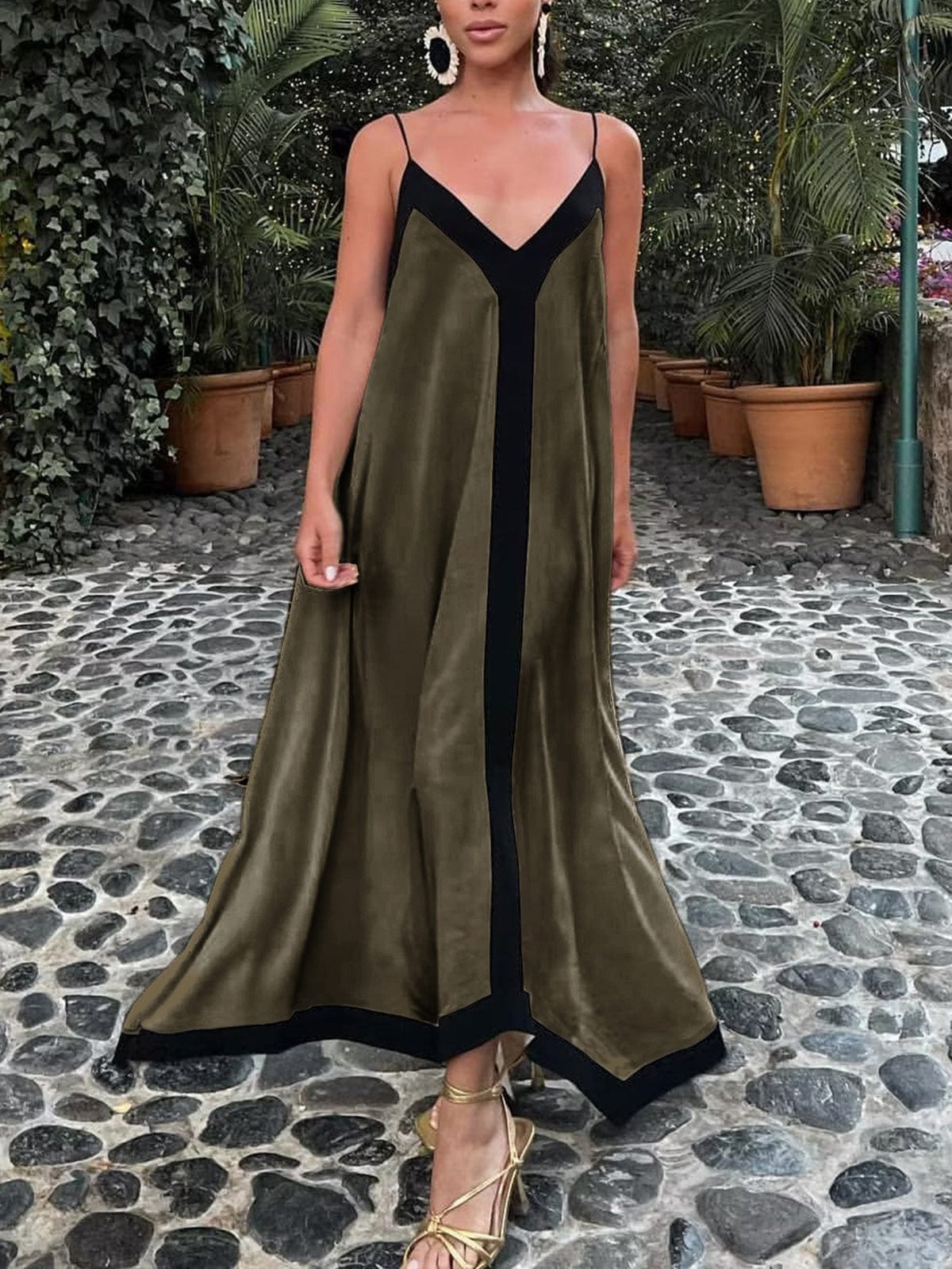 Damen Maxi-Kleid V-Ausschnitt Fließend Kontrastdetails
