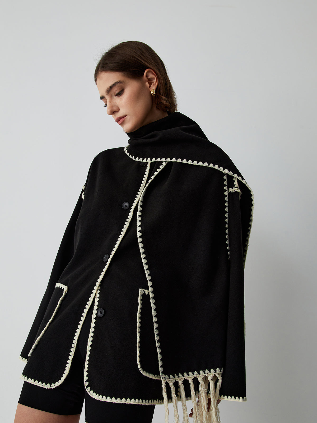 Damen Cape-Mantel mit Schal und Fransen - Norvielle