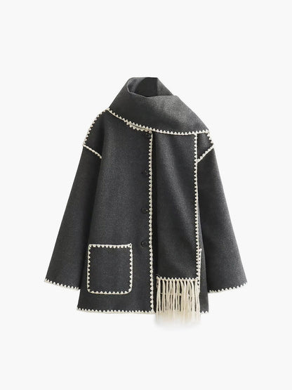 Damen Cape-Mantel mit Schal und Fransen