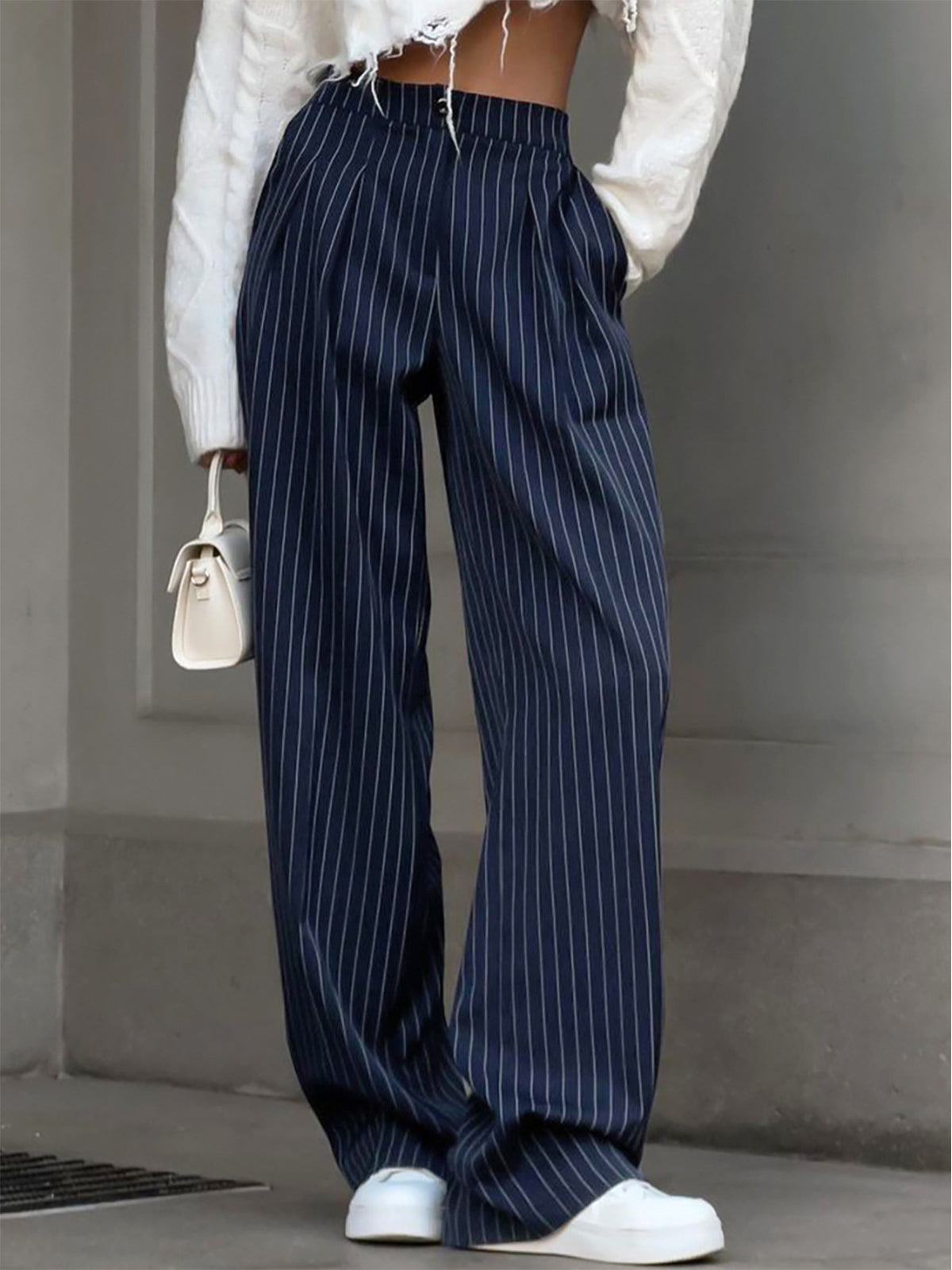Norvielle Damen Nadelstreifenhose Weites Bein Faltenhose