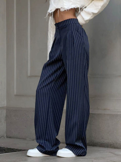 Norvielle Damen Nadelstreifenhose Weites Bein Faltenhose
