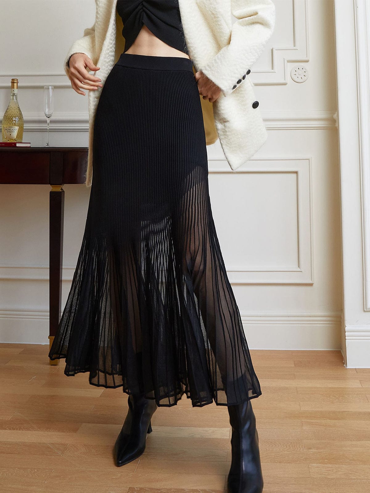 Damen Midirock Plissiert Transparent Chiffon Schwarz - Norvielle