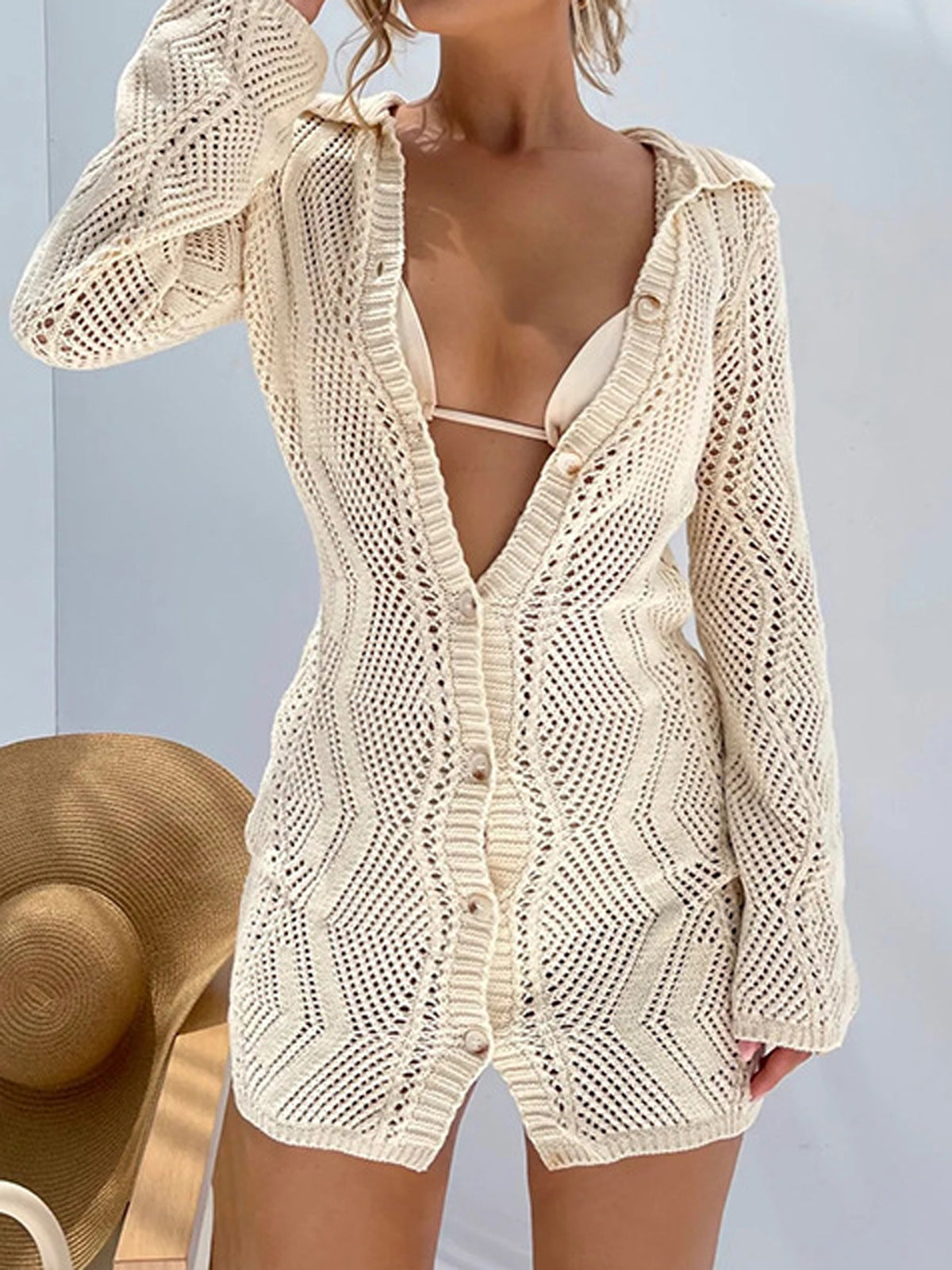 Häkelstrandkleid Damen Crème mit Knöpfen