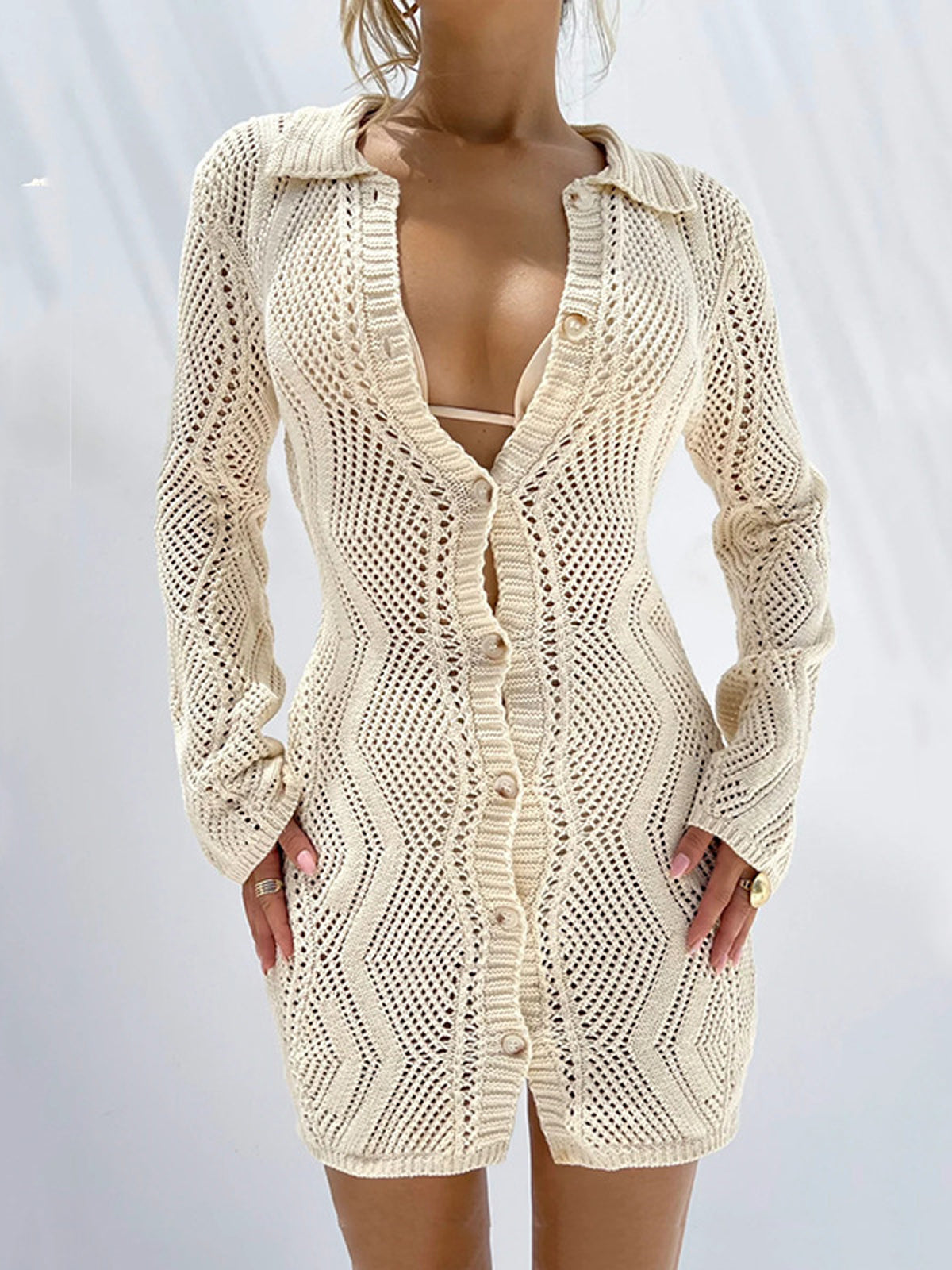 Häkelstrandkleid Damen Crème mit Knöpfen - Norvielle