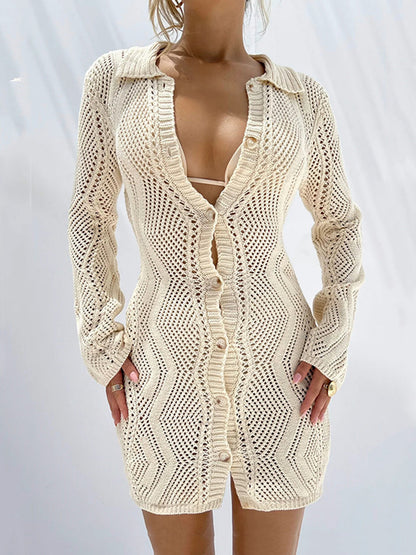 Häkelstrandkleid Damen Crème mit Knöpfen - Norvielle