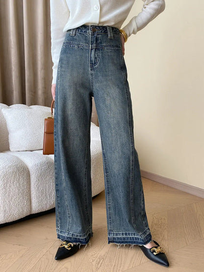 Rina Damen Wide Leg Jeans Vintage Denim mit Knöpfen - Norvielle
