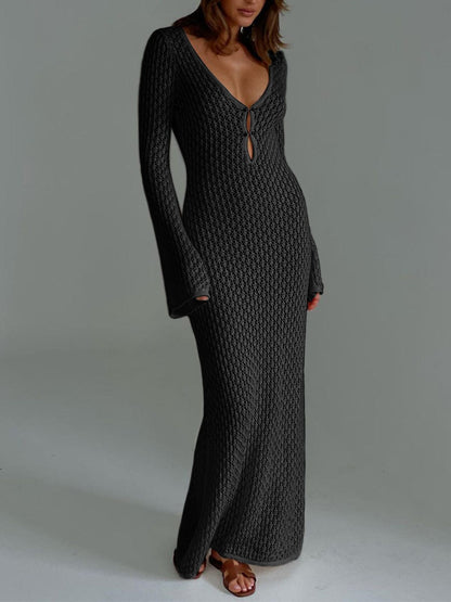 Damen Häkel-Maxikleid V-Ausschnitt Glockenärmel Boho-Stil Sommer