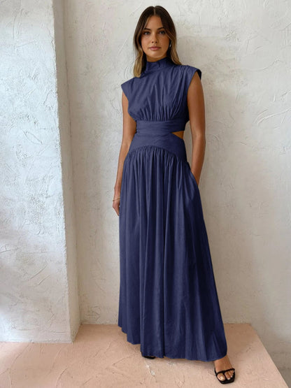 Damen Maxikleid Stehkragen Cut-Outs Schwarz - Norvielle