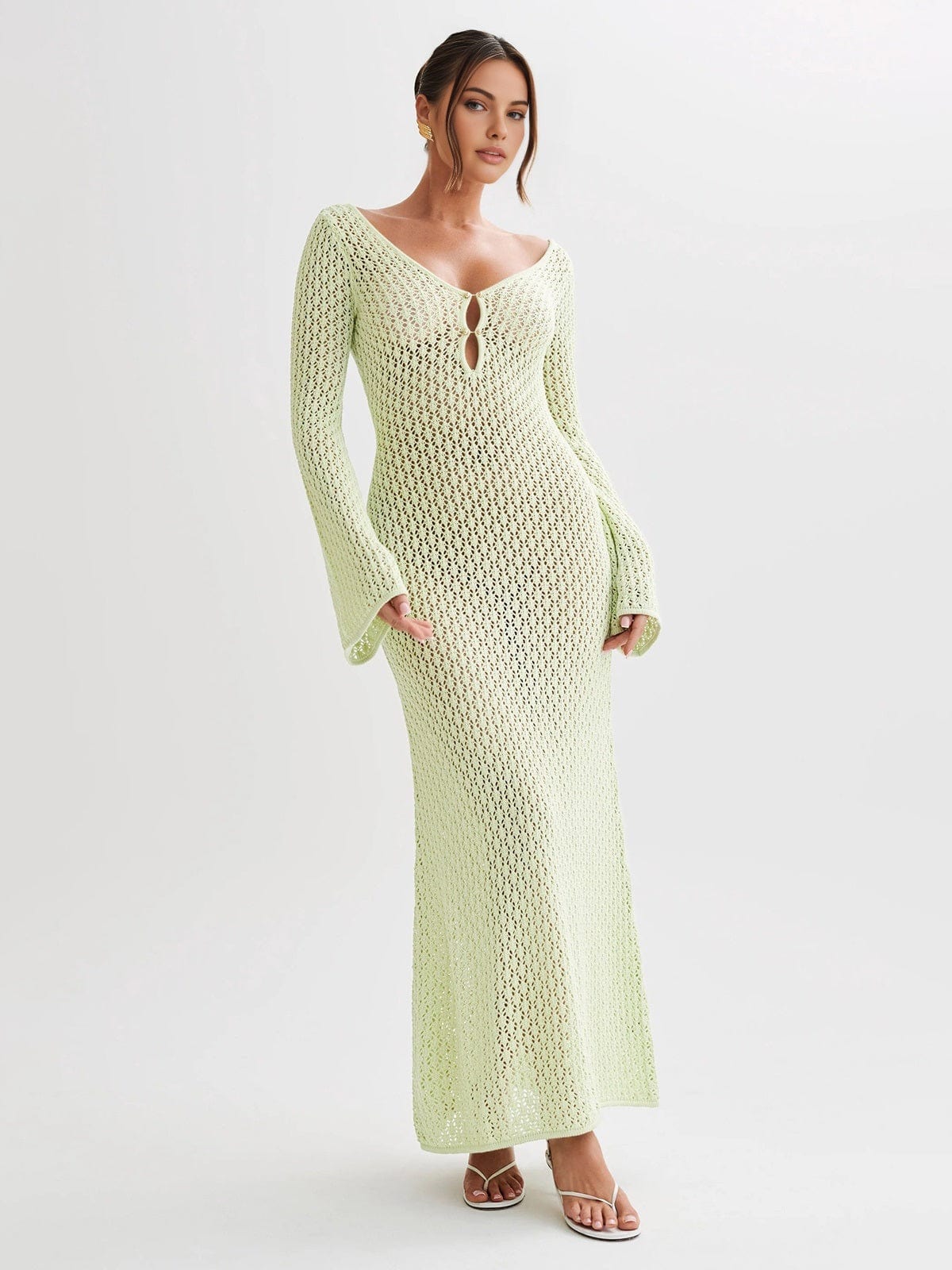 Greta Damen Maxikleid V-Ausschnitt Gehäkelt Glockenärmel Boho Sommer