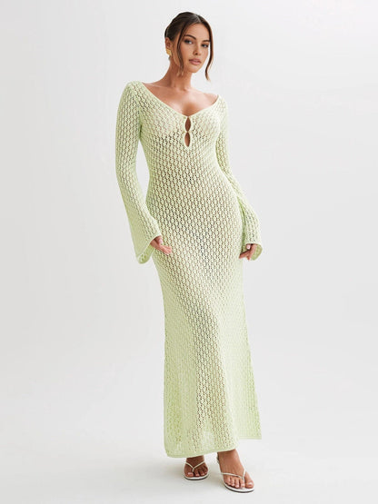 Greta Damen Maxikleid V-Ausschnitt Gehäkelt Glockenärmel Boho Sommer