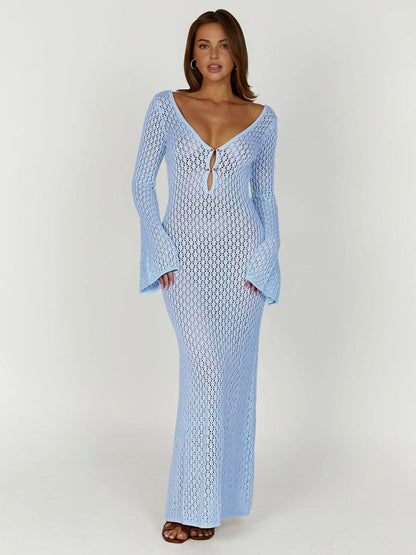 Damen Häkel-Maxikleid V-Ausschnitt Glockenärmel Boho-Stil Sommer