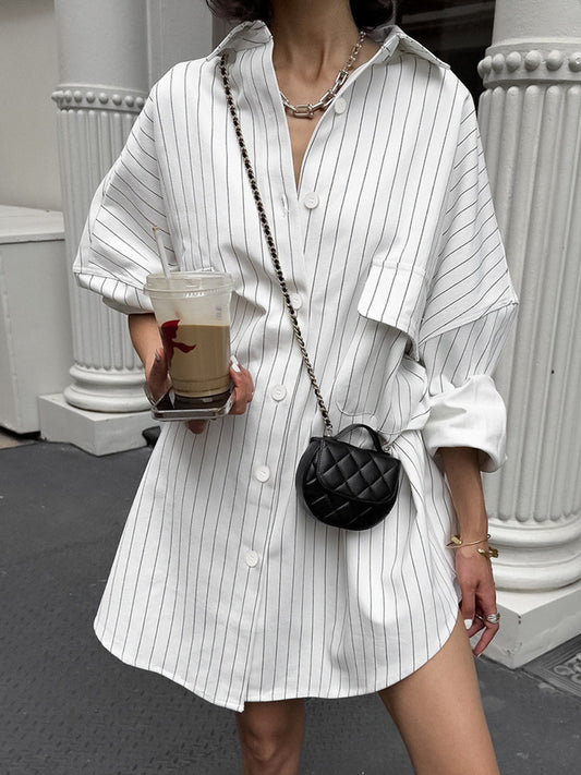 Weißes Oversized Hemdkleid Streifen Streetstyle Damenkleid - Norvielle