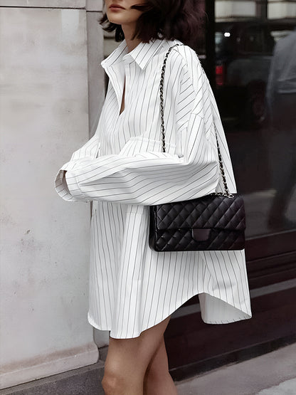 Weißes Oversized Hemdkleid Streifen Streetstyle Damenkleid