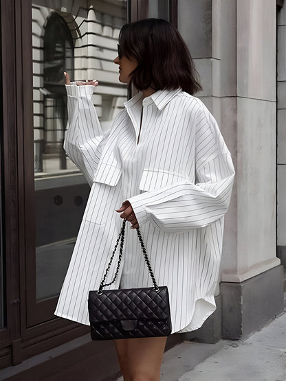 Weißes Oversized Hemdkleid Streifen Streetstyle Damenkleid