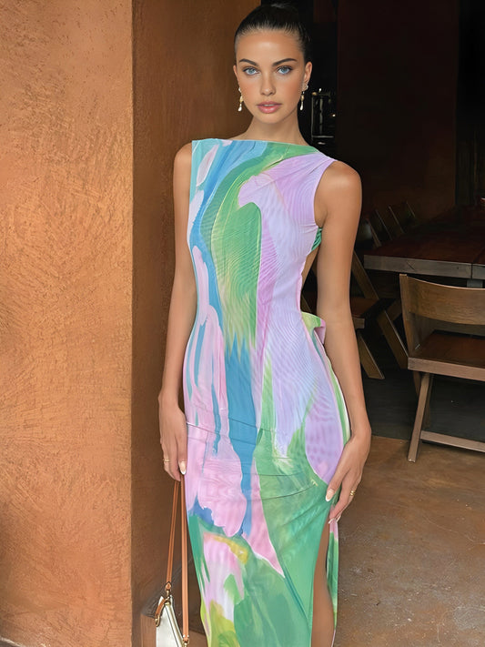 Ärmelloses Damen Maxi-Kleid Aquarellprint Eleganz - Norvielle