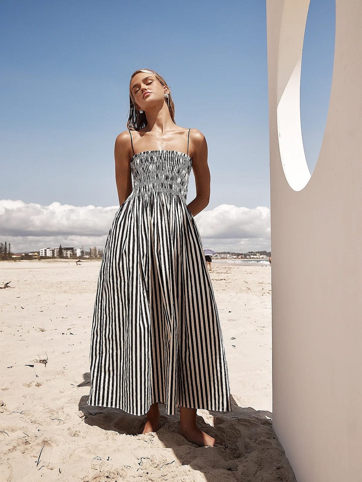 Damen Sommerkleid Streifenmuster Rüschen Oberteil
