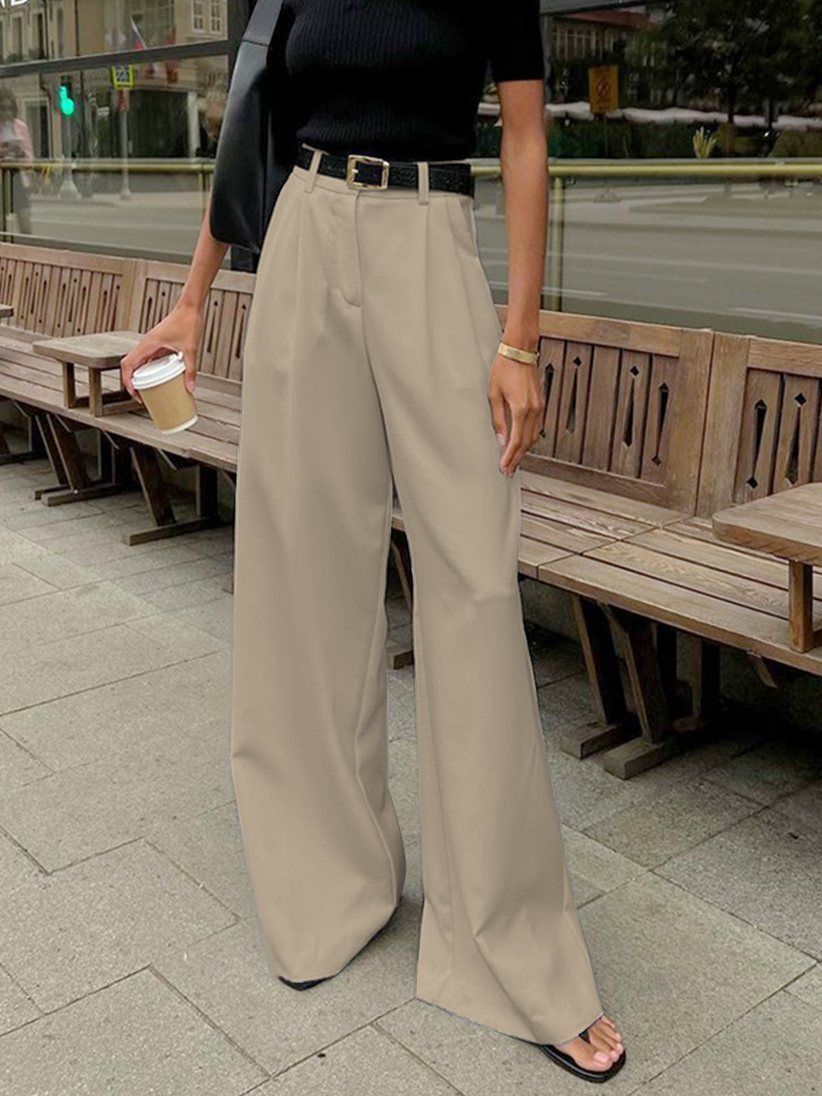 Damen Weite-Hosen Plissierte Vorderseite mit Gürtel