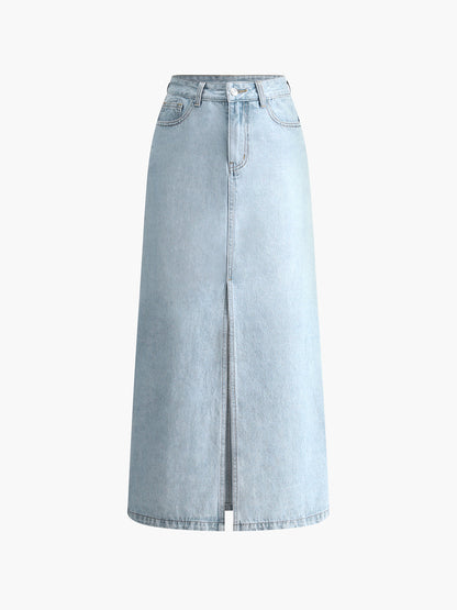 Damen Midirock Denim Frontschlitz Blau - Norvielle