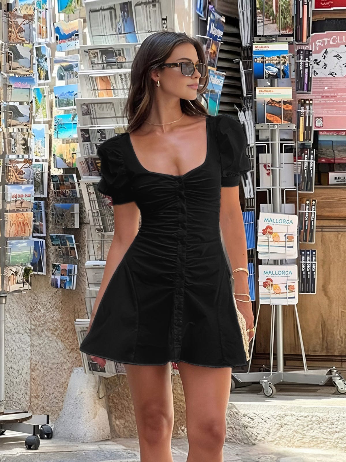 Thea Damen Minikleid Puffärmelig Sommerkleid Rosa