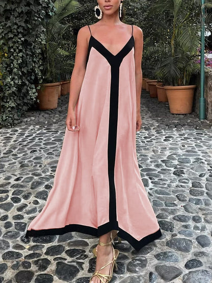 Damen Maxi-Kleid V-Ausschnitt Fließend Kontrastdetails