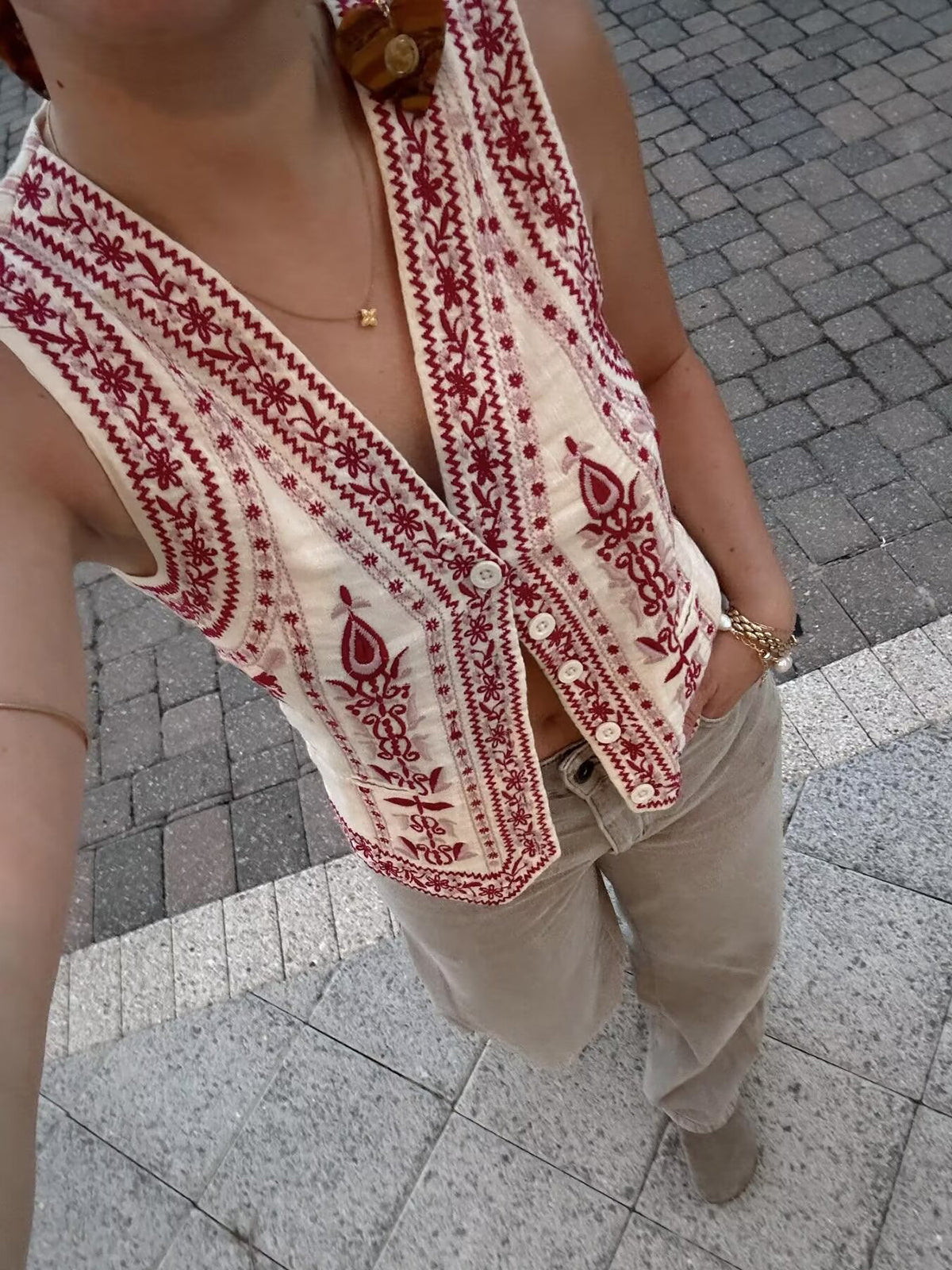 Norvielle Damen Ärmellose Weste Bestickt Gürtel - Norvielle