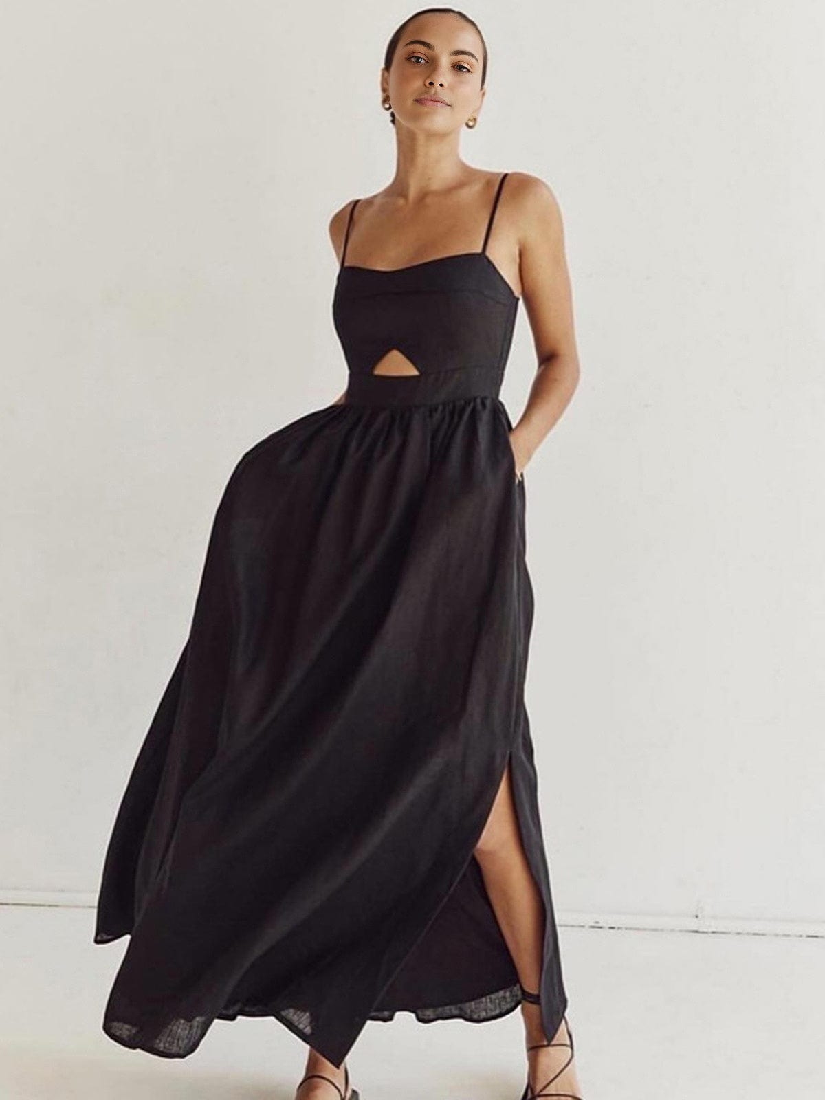 Ärmelloses Damenmaxikleid Leinen Cut-Out Spaghettiträger Beige