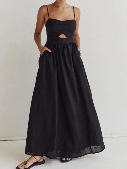 Ärmelloses Damenmaxikleid Leinen Cut-Out Spaghettiträger Beige - Norvielle