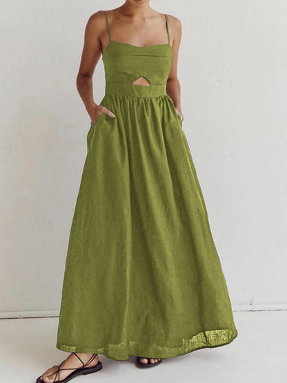 Damen Leinen Maxi-Kleid Ärmellos Cut-Out Spaghettiträger Beige