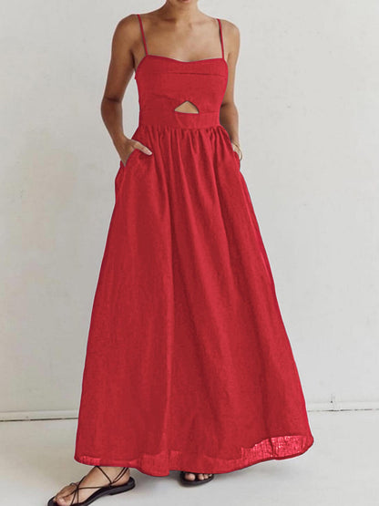 Ärmelloses Damenmaxikleid Leinen Cut-Out Spaghettiträger Beige