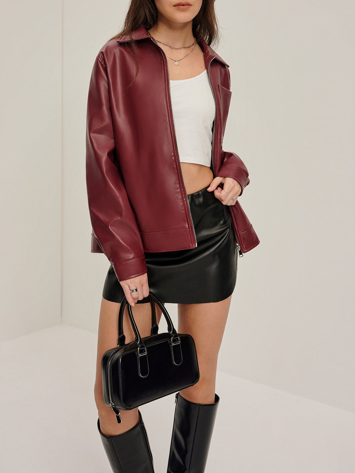 Damen Kunstlederjacke Bordeauxrot