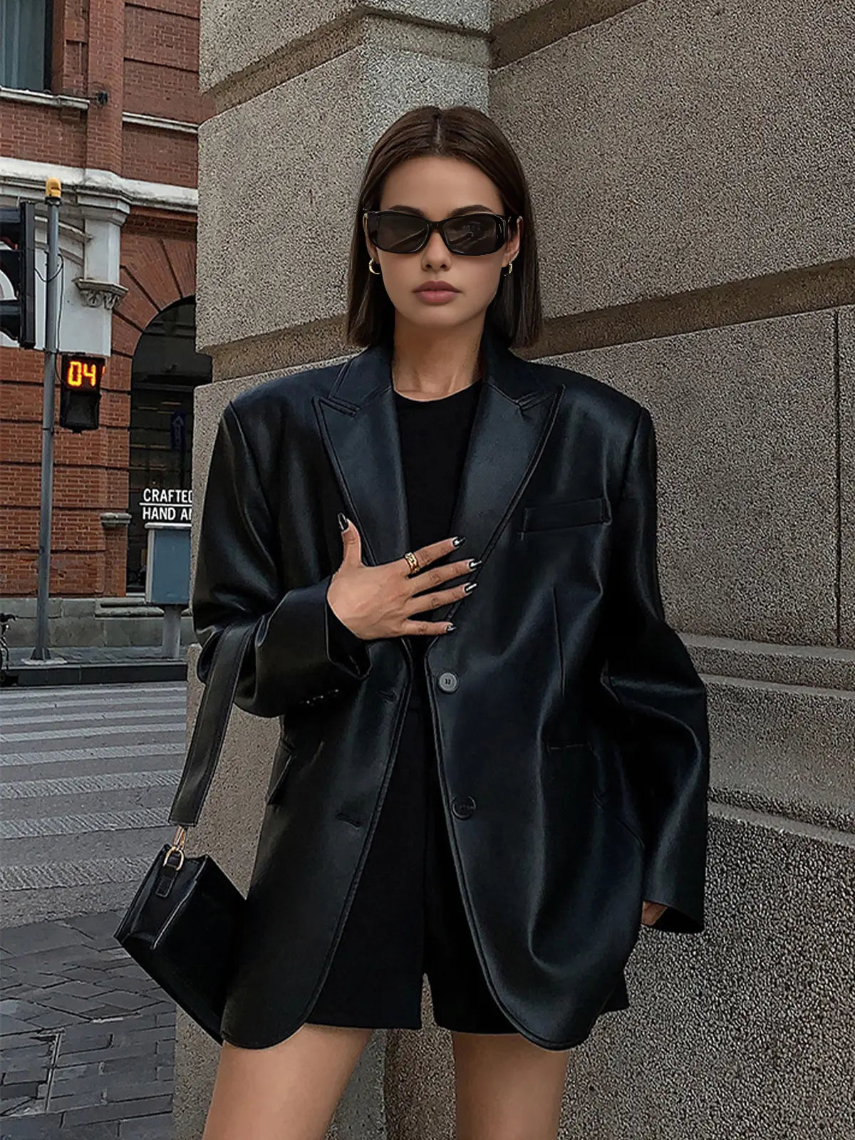 Damen Lederblazer Mit Taschen Schwarz - Norvielle