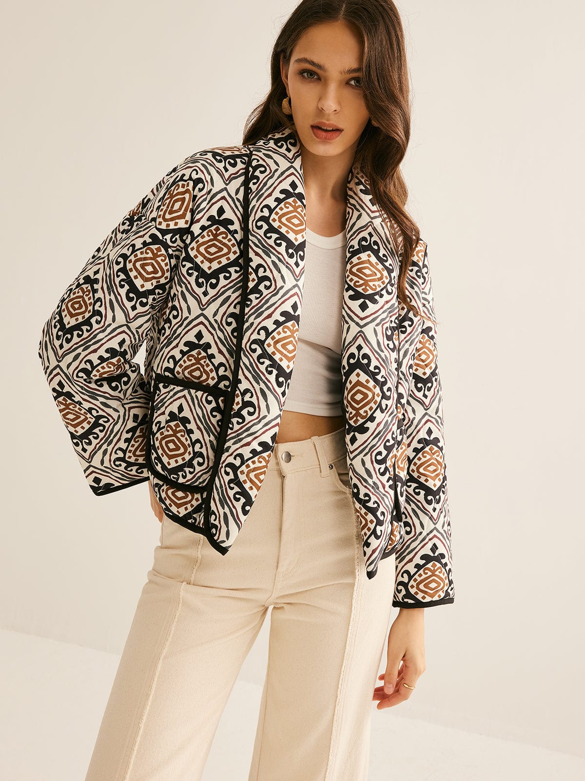 Damen Steppjacke Ethno-Muster Oversized