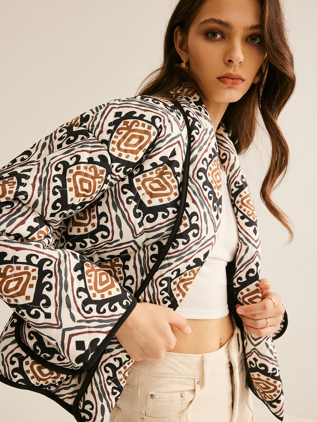 Damen Steppjacke Ethno-Muster Oversized