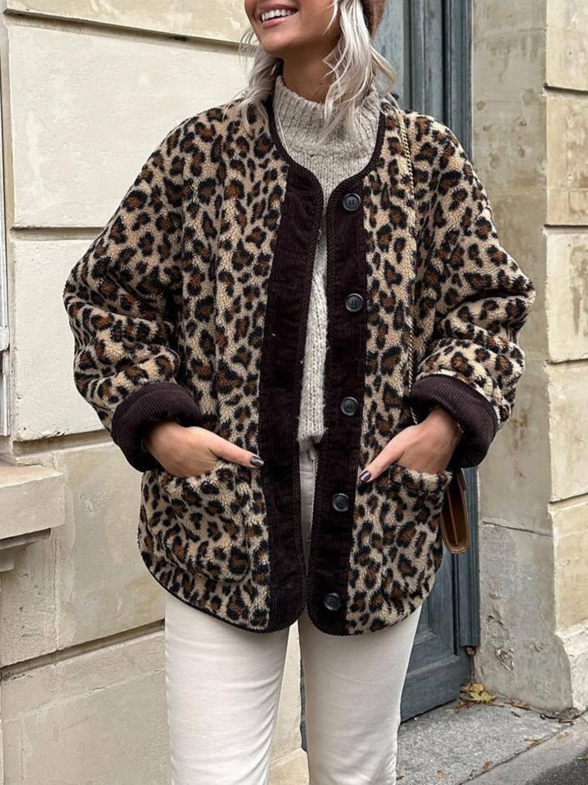 Damen Teddy-Übergangsjacke Leo-Print Warm Schwarz - Norvielle