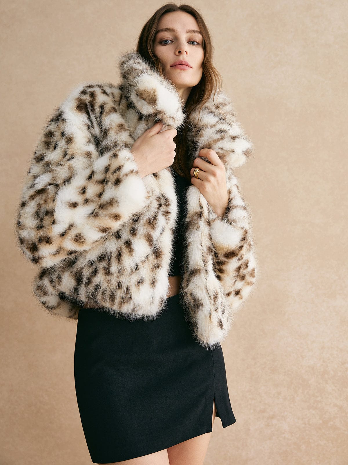 Kunstfelljacke Damen Leopardenmuster Schwarz - Norvielle